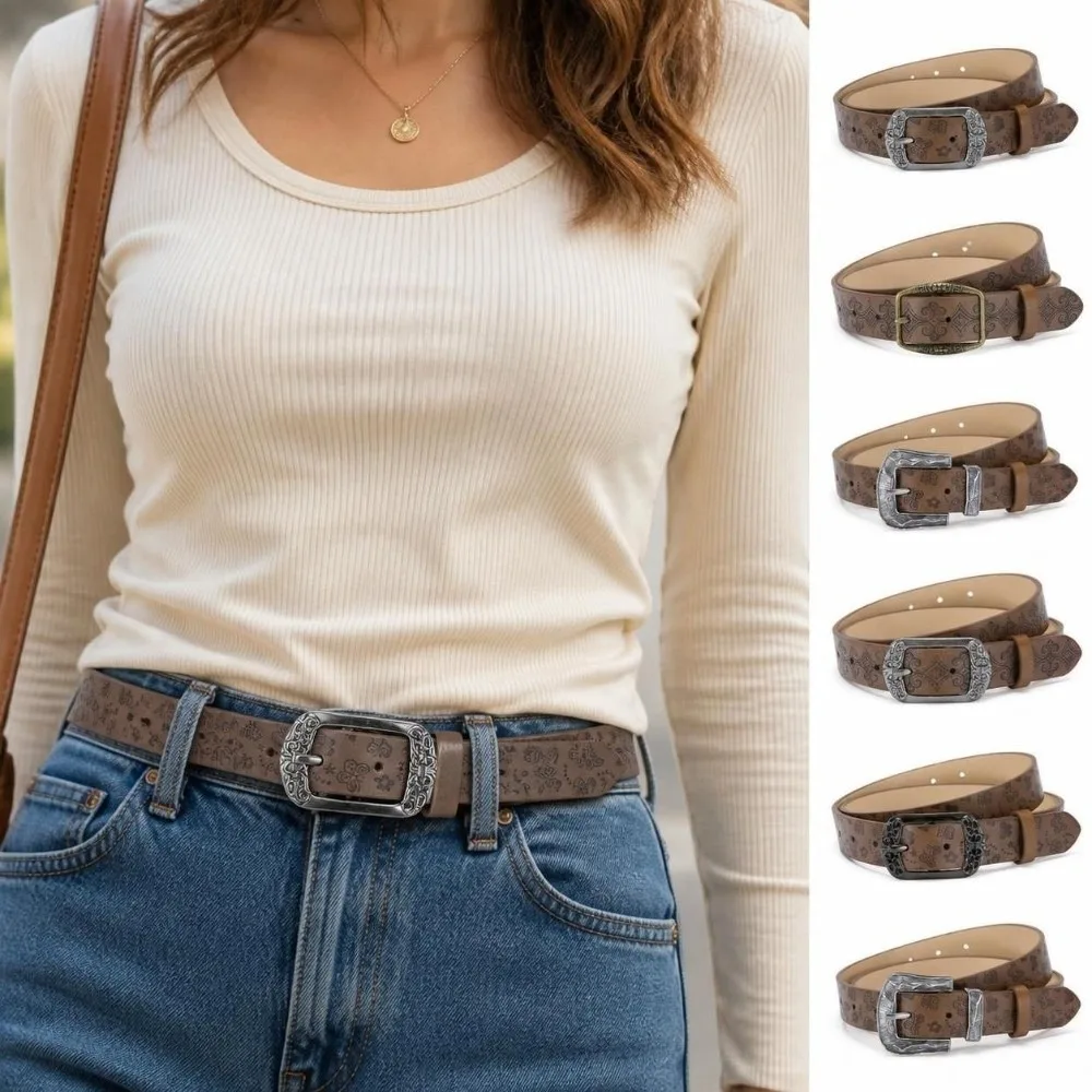 Alloy Pin Buckle PU Leather Belt Carved Antique Metal Buckle Embossed Pattern Waist Belt Western Style Faux Leather