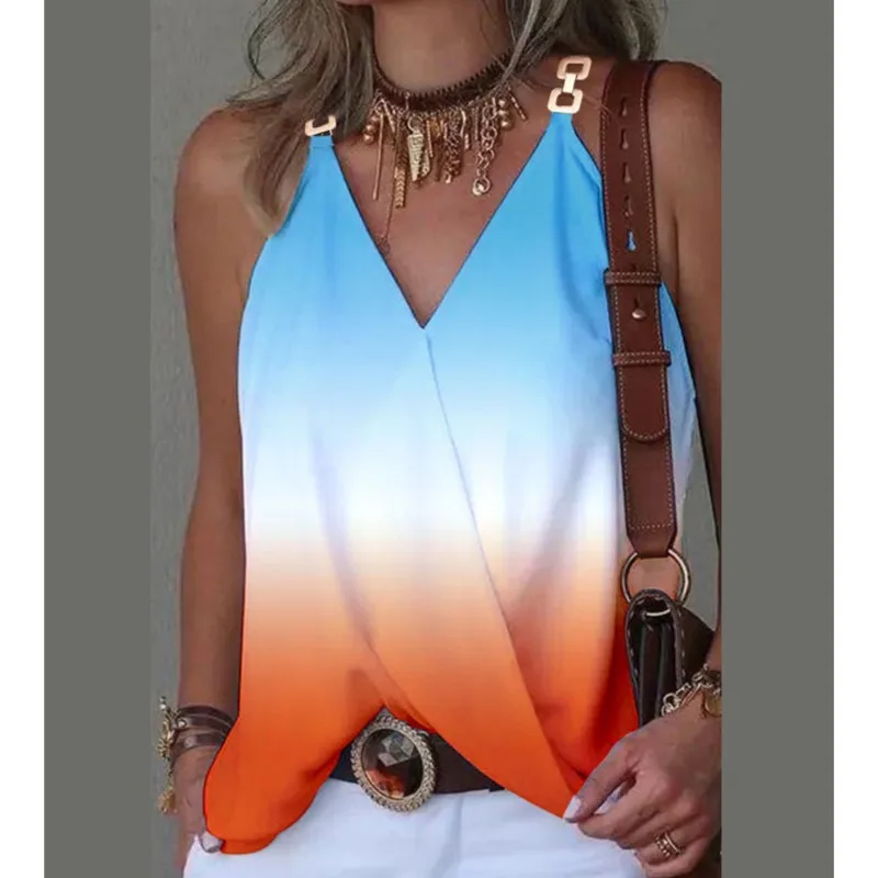 2024 Summer V-neck Metal Buckle Print Tank Top For Women Loose Sleeveless Pullover Gradient Blouse Femme Blusas Camisas Feminina