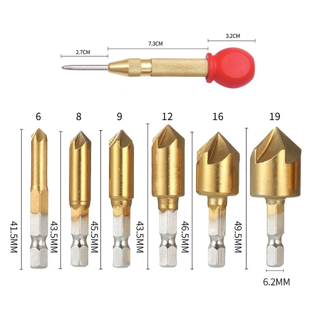 Meikela 26PCS Woodworking Drilling DIY Set Step Drill Five Edge Chamferer Counterbore Drill Wood Plug Drill Center Punch Set