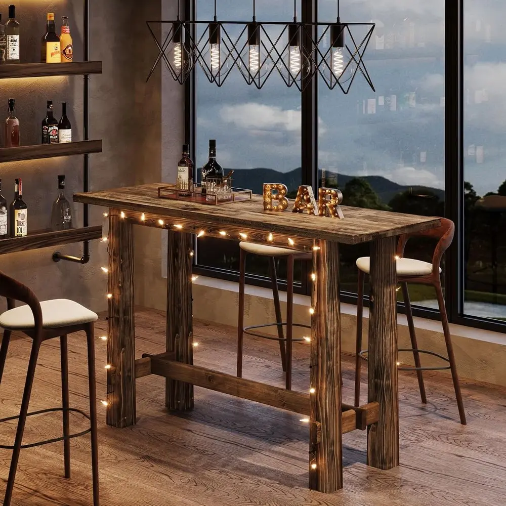 

63 Rustic Brown Solid Wood Bar Height Dining Table with Footrest for Commercial Use