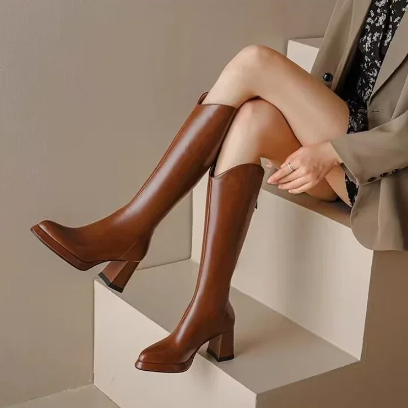 Shoes for Women 2023 New Fashion Pointed Toe Thick Heel Women\'s Knee High Boots Winter Warm Brown Long Boots Zapatos De Mujer