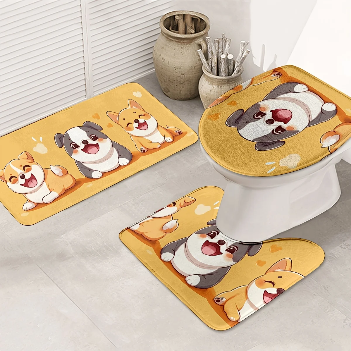 3pcs Adorable Dog Pattern Bathroom Mat Set , Machine Washable Flannel Rugs with U-Shaped Toilet Seat & Bath Mat - Spring & Summe
