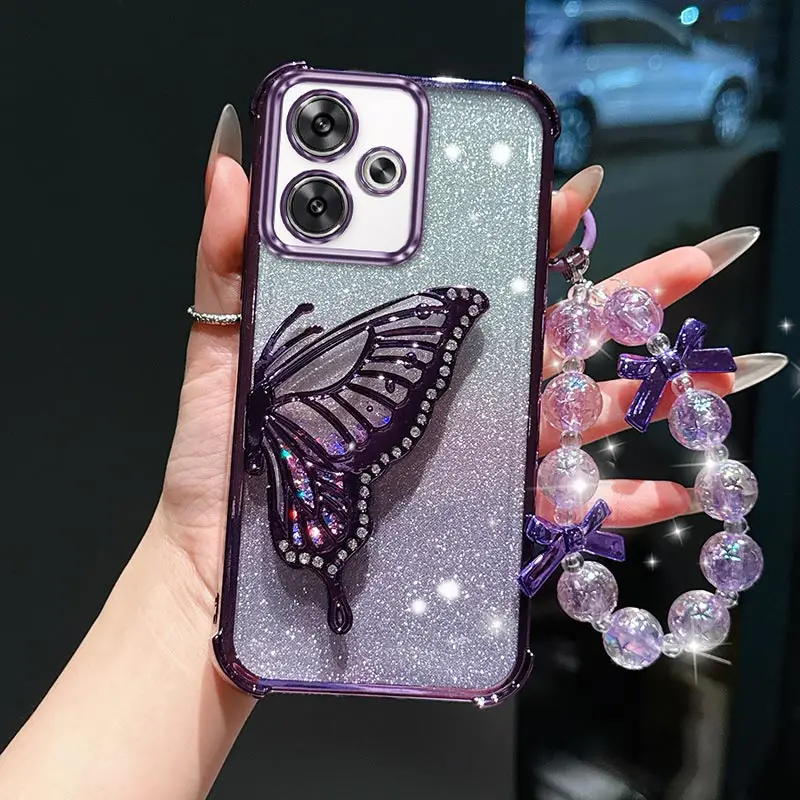 

F6 butterfly wing Bracket Lanyard Plating Phone Case For Xiaomi Poco C55 M6 X7Pro M5S M2 X3Pro C65 C31 X3 M6Pro C75 M3Pro Cover
