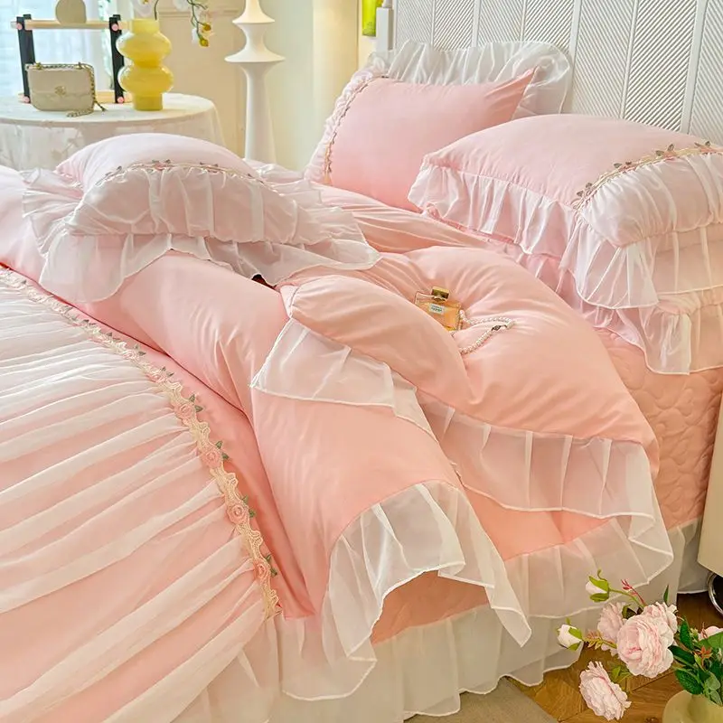 Light Luxury French Four-piece Bedding Set Washed Cotton High-grade Fairy Bed Cover Bed Solid Color Bed Sheet Quilt Cover