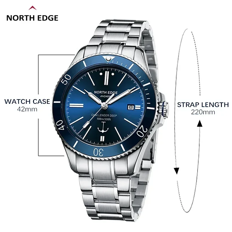 NORTH EDGE ANCHOR 42MM Men Mechanical Wristwatch Luxury Sapphire Glass MIYOTA 8215 Automatic Watches 10bar Waterproof Watch Men