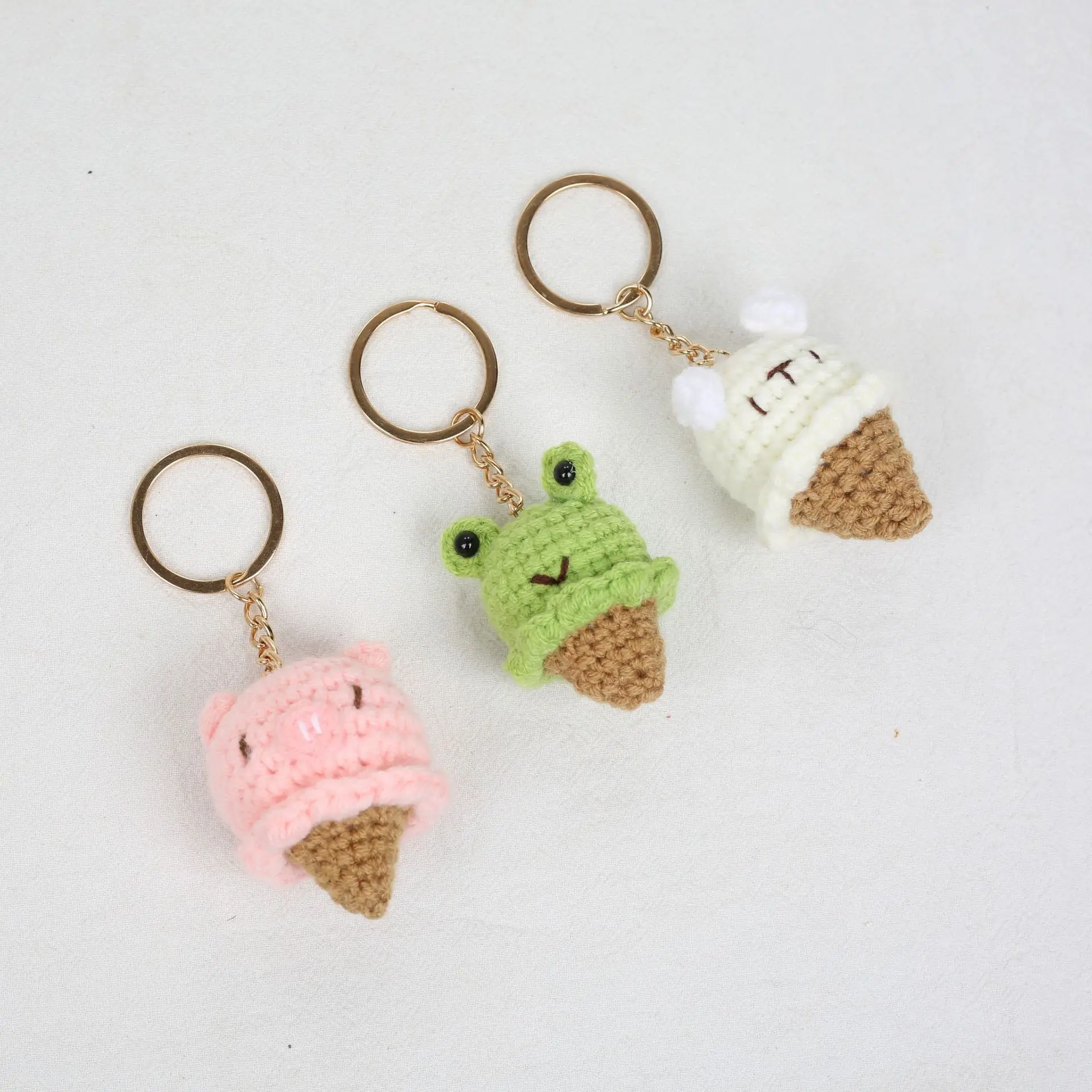 Cute cartoon hand crochet yarn ice cream three-dimensional animal cone pendant DIY crochet finished plush keychain bag decoratio