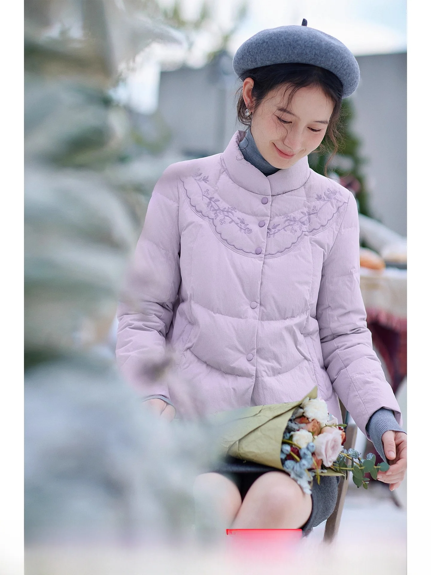 

Red Tead Artistic Purple Embroidered down Jaet Women's ort Size 2025 Winter New White Du Feather Outerwear Top