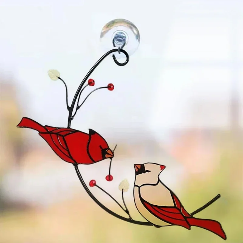 Cardinal Birds Stained Window Panel Hangings Birds Hanging On A Wire On Branch For Mother’s Day Gift Room Decoration Accessories