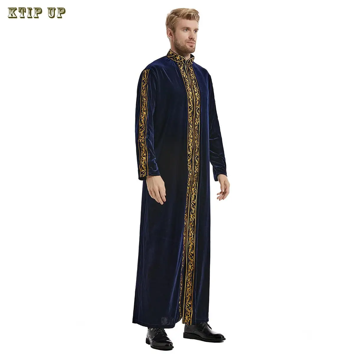 Ethnic Shirt Muslim Men\'s Jubba Thobe Kaftan Prayer Dress Qatar Pakistan Djellaba Islam Cloth Arabic Male gold velvet Long Robe