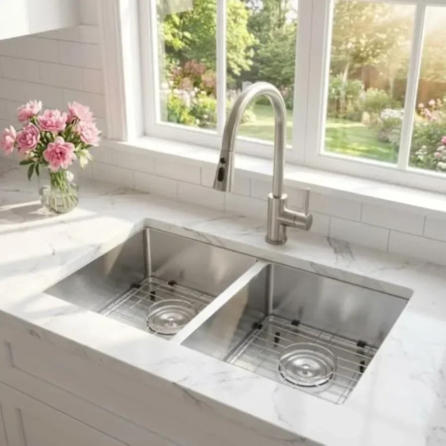 Kitchen sink for undermount installation, brushed 304 stainless steel, silver, 33×19×10 inch with 2.0mm rim, 1.0mm bowl, deep b
