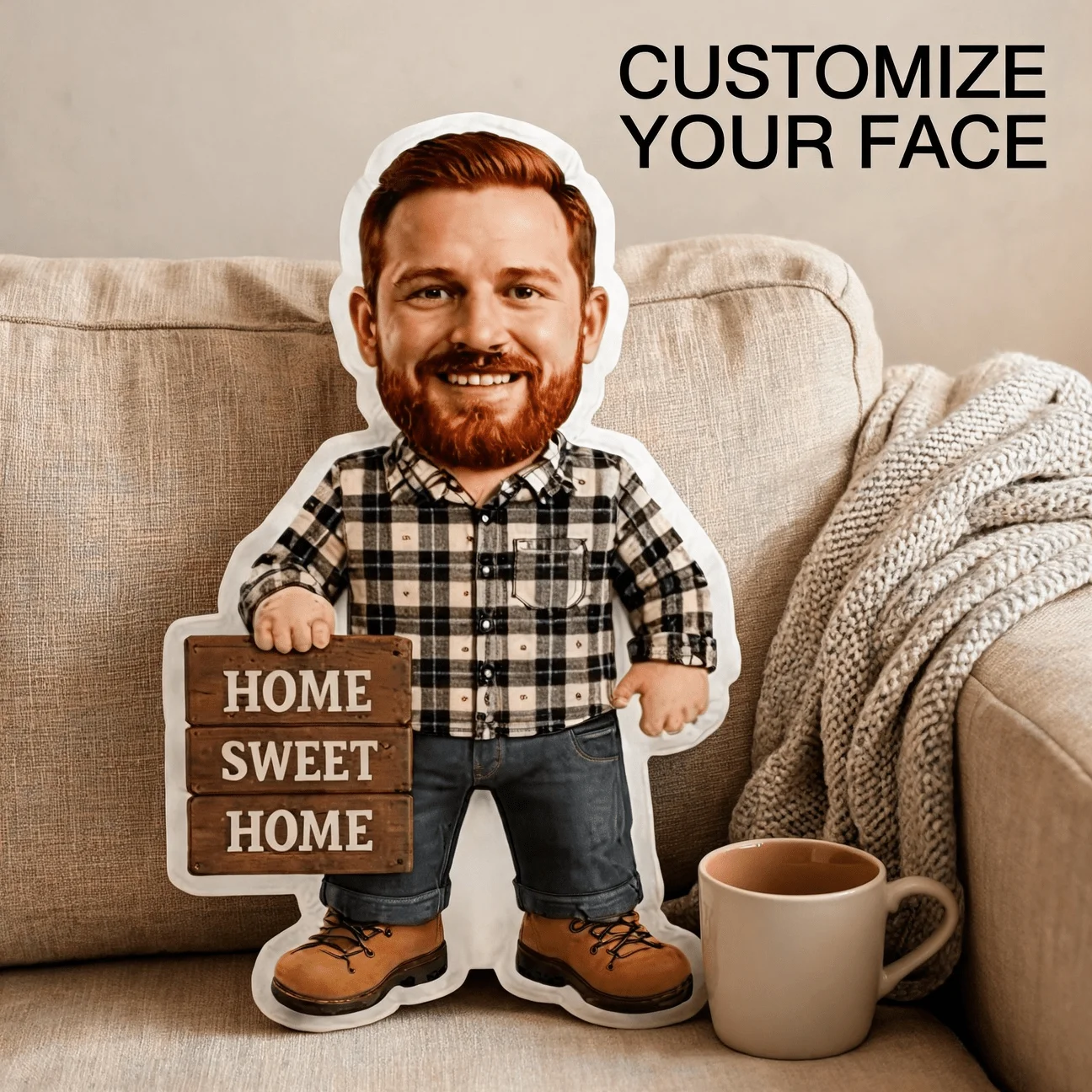 Custom Photo Shaped Pillow, Personalized Bearded for Man Plaid Shirt Decorative Cushion Holding Home Sweet Home Sign, Unique Gif