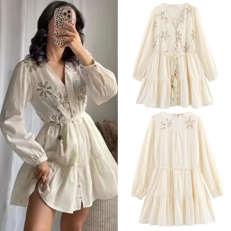 New Women Spring Autumn Elegant French Dress Beige Long Sleeve Short Dresses Ladies Fashion Casual Floral Mini Dresses Vestidos