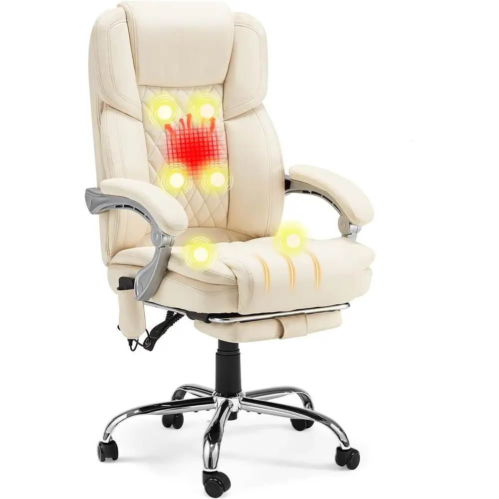 

Cream Leather 6-Point Massage Chair with Reclining Backrest and Heated Seat for Home or Office