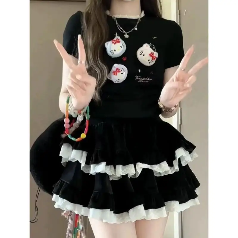 

Kawaii Hello Kitty Summer T-Shirt Short Sleeves Short Skirt Cute Y2K Hot Girl Style Lace Collar Short Sleeve Tutu Skirt Suit