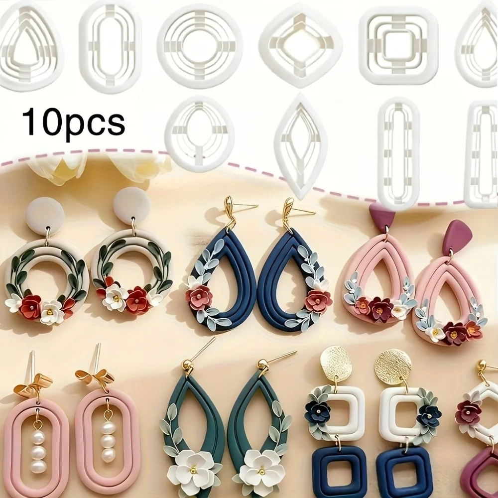 10 piezas Cortadores de arcilla polimérica orgánica con formas geométricas, para líneas múltiples, elipse colgante y aretes acanalados, Herramientas para hacer cerámica blanda