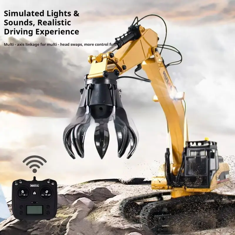 Huina Upgrade 1590 1/14 Metal Rc Excavator Electric Grapple Bucket 360° Rotation Sound Light Effect Construction Hobby Model Toy