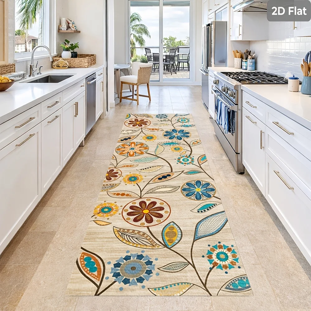 Retro Wheat and Bird Pattern Floor Runner Mat Soft Tone Botanical Frame Art Decor Rug for Indoor Corridor and Household Space