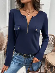 2024 new women's T-shirt notch V-neck zipper long sleeve knitted plain high elastic slim elegant women's T-shirt