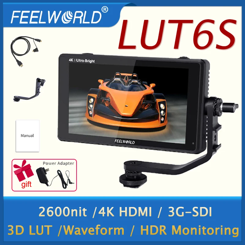 FEELWORLD LUT6S 6 Inch 2600nits HDR/3D LUT Touch Screen DSLR Camera Field MonitorPortable Monitor 3G-SDI 4K HDMI Input Output