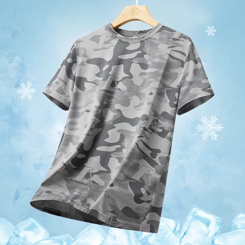 Quick Drying Ice Silk Short Sleeved T-Shirt 2024 Summer Camouflage Thin Breathable Quick Drying Running Fitness Sportswear