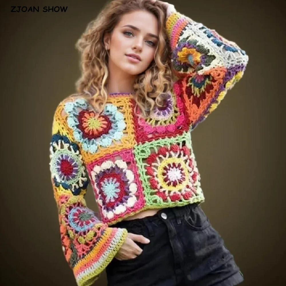 

2022 Harajuku Handmade Hollow Out Crochet Geometric Short Bat Sleeve Women Summer Cropped Pullovers Retro Holiday Sweater Tops