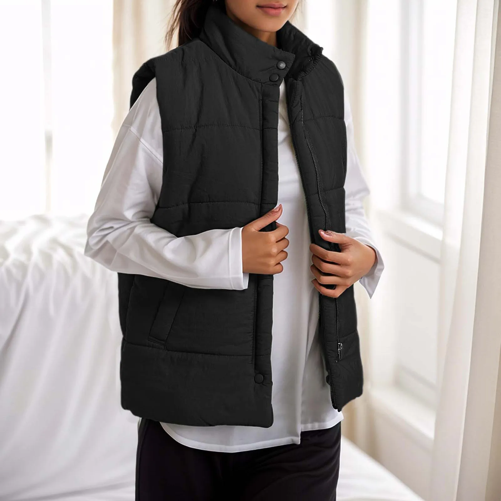 Loose Vest Coat Women's Solid Color Stand Collar Vest Sleeveless Jacket for Fall Winter Women Fleece Lined Jacket Women Fashion