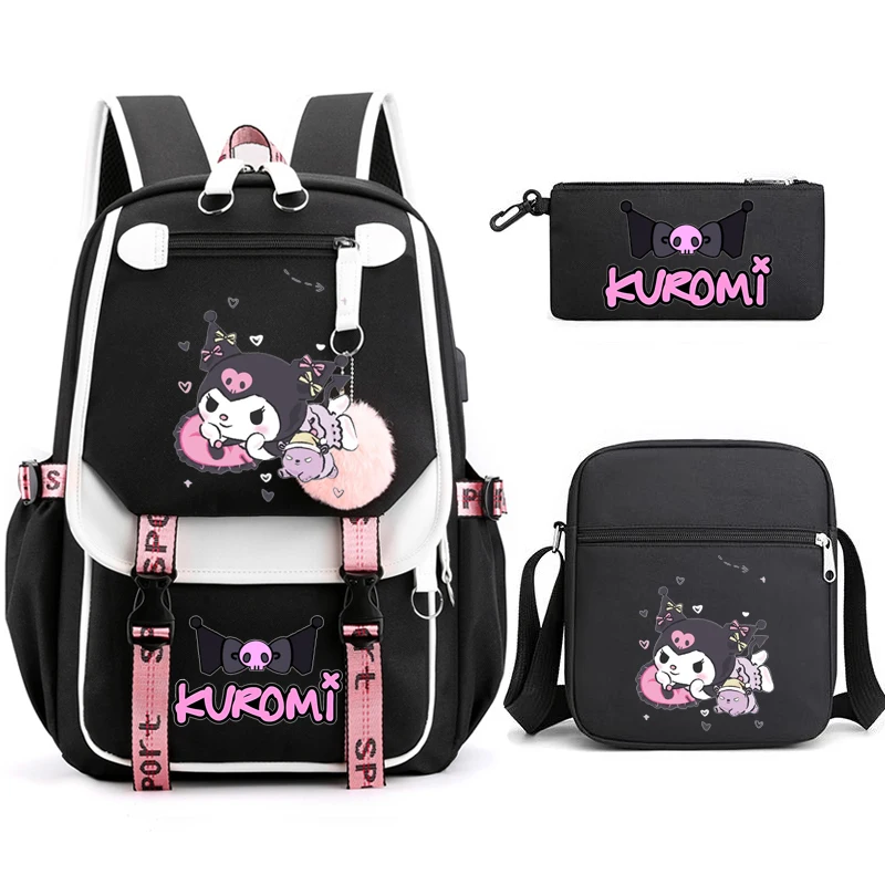 Kuromi 3 buah ransel tambal sulam kapasitas Wanita Pria Mochilas bepergian dengan tas bahu tas sekolah remaja Laptop