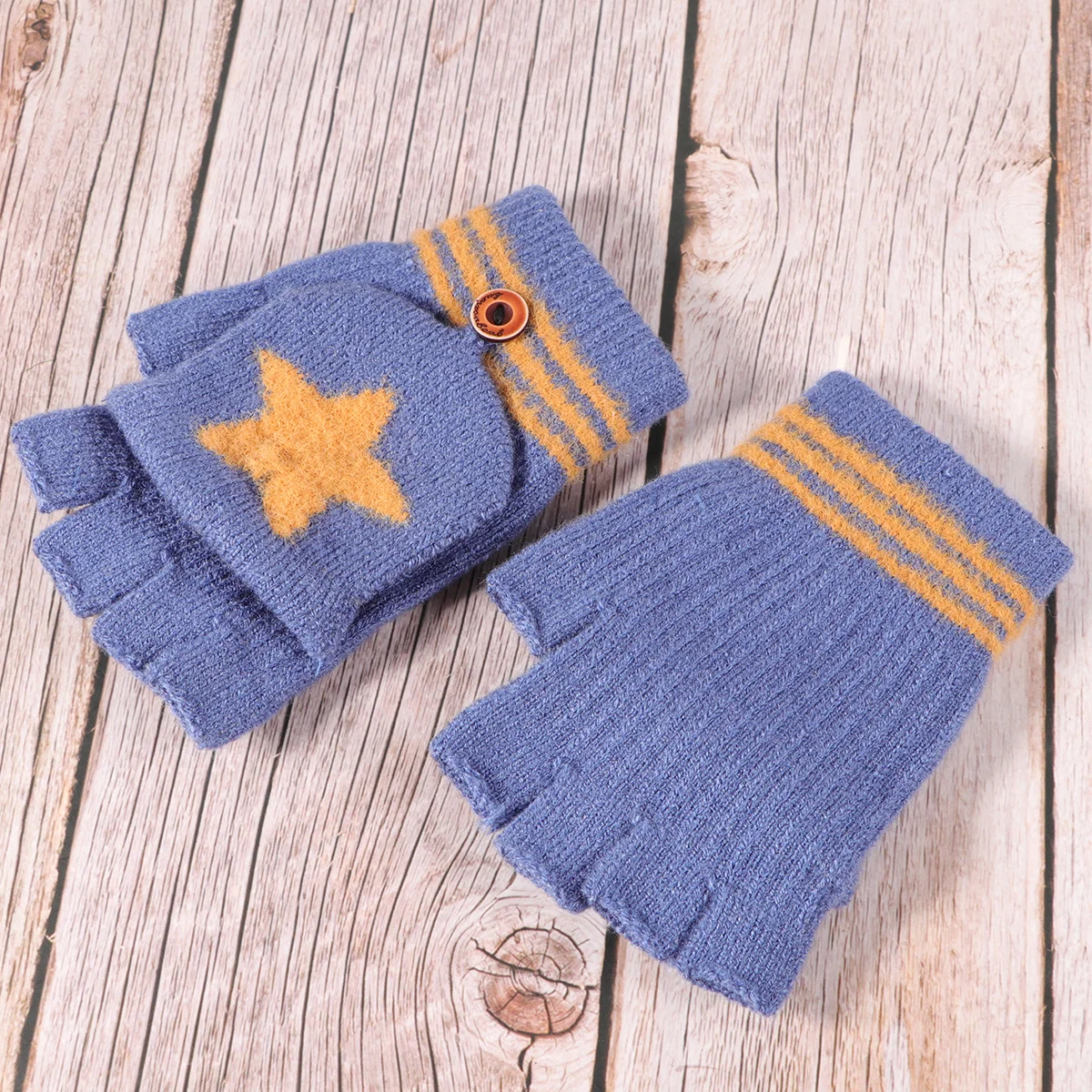 ถุงมือแบบพลิกได้สำหรับเด็กวัยหัดเดิน 1 คู่ ถุงมือฤดูหนาวน้ำหนักเบาพร้อมลวดลายการ์ตูนสำหรับใช้กลางแจ้ง 2-8Y สีฟ้า