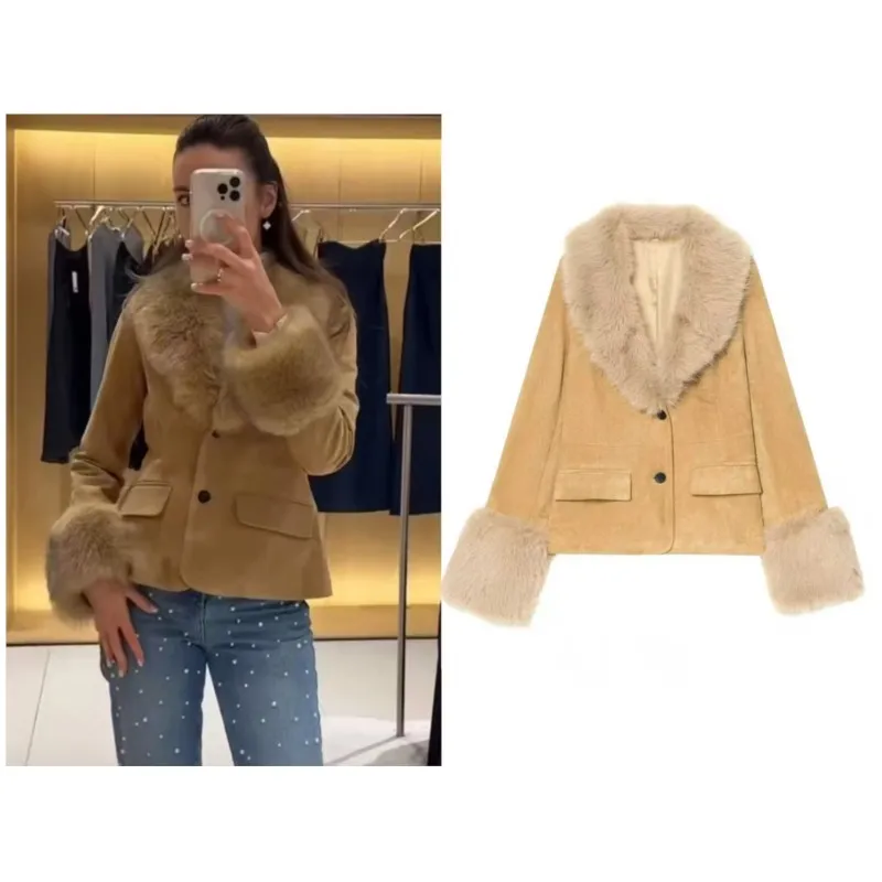 

Suede Suit Jacket Women Winter Detachable Fur Collar Long Sleeve Coats Casual Fashion Pocket Decorative Female Top Outcoat