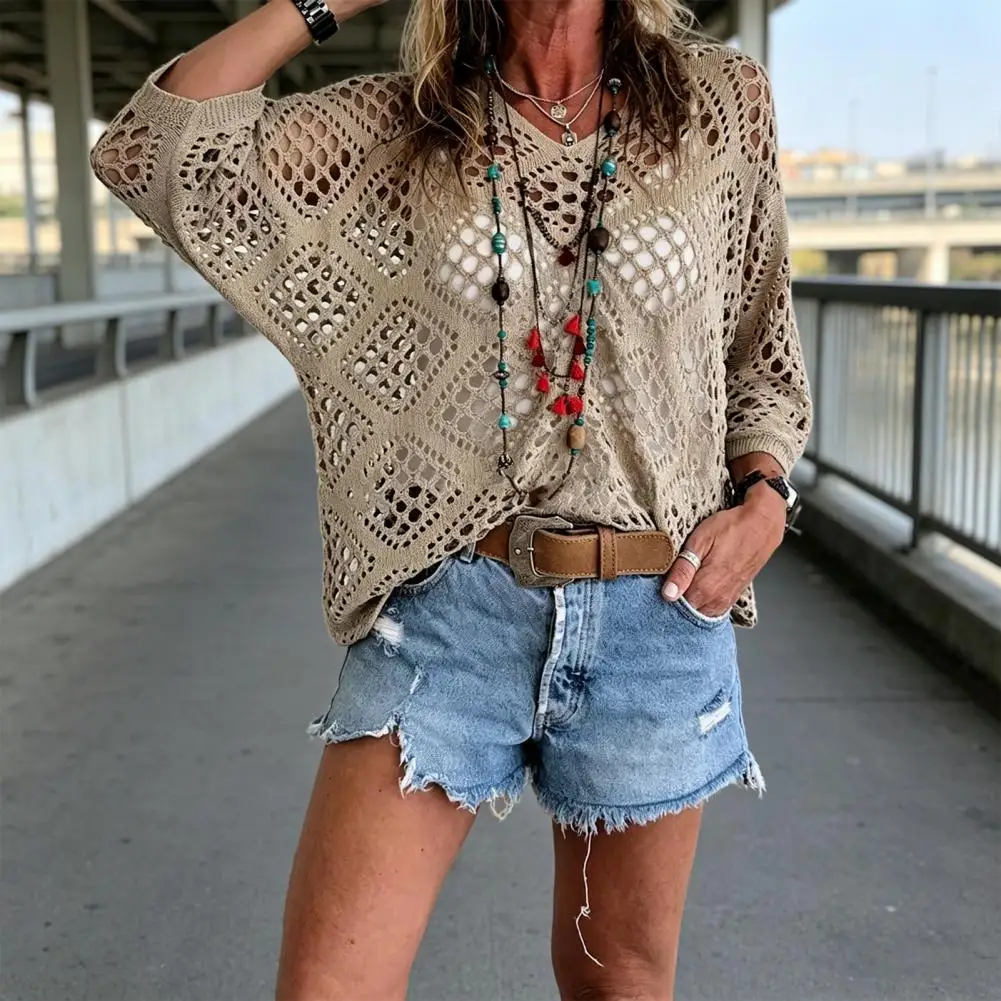 

Cut-out Design Shirt Bohemian Crochet V-neck Top Summer Hollow Knit Cover-up Loose Fit Half Sleeve Beachwear Lightweight Boho