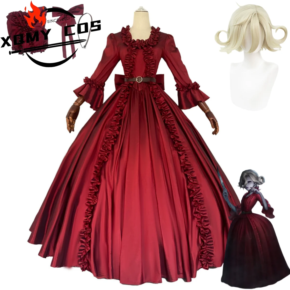 

XqAnime Game Identity Ⅴ Mary Bloody Queen Cosplay Costume Hunter Red Evening Dress Long Skirt Wig Woman Sexy Birthday Party Suit