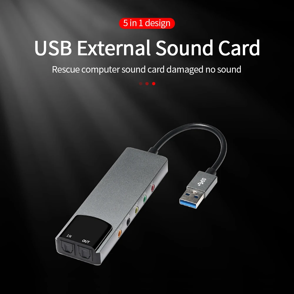 محول صوتي متعدد الوظائف للكمبيوتر المحمول ، بطاقة صوت من الألومنيوم ، بصري خارجي ، USB ، 6 في 1