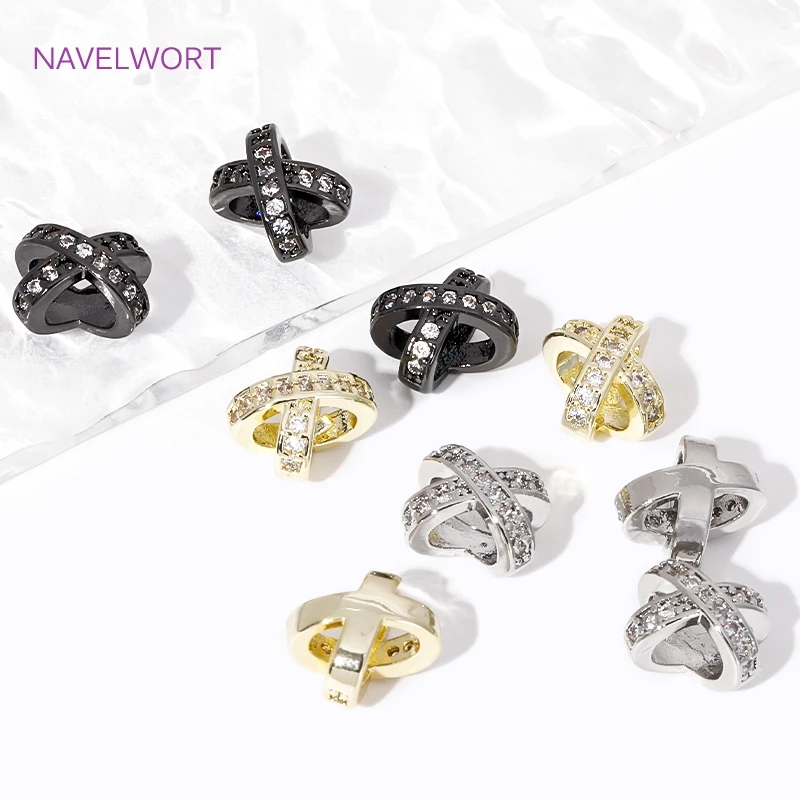 18K Gold Plated Brass Inlaid Zircon X-Shaped Porous Spacer Beads,Beads Separator,For DIY Jewelry Making Accessories Wholesale