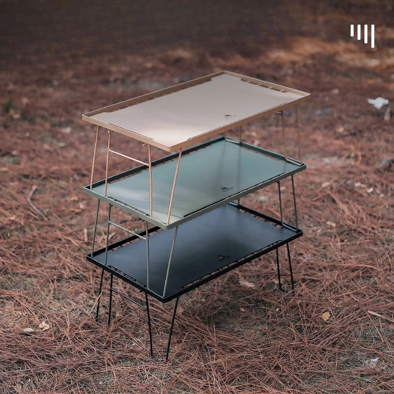 Mesa de camping portátil con panel de bambú, mesa plegable de rejilla de malla para exteriores para picnic, estante para platos de campamento y organizador de utensilios