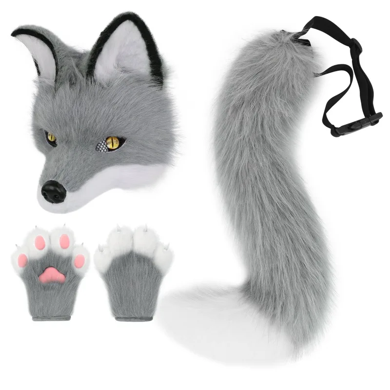 Halloween party plush simulation fox tail, half face mask animal claws gloves set cos props