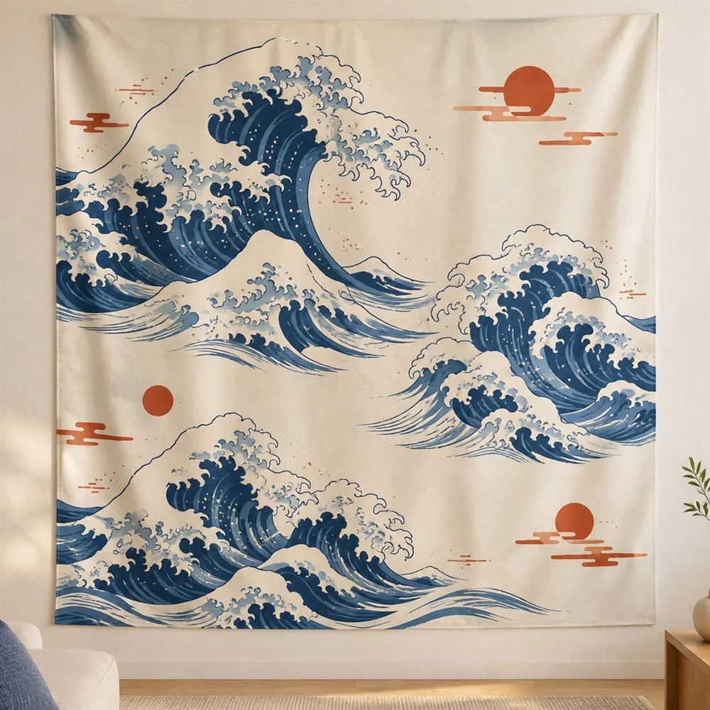 VIKAMA Great Wave Ukiyo-e Clustered Groups Tapestry Wall Hanging, Japanese Wall Art Tapestries for Living Room Bedroom Kids Room