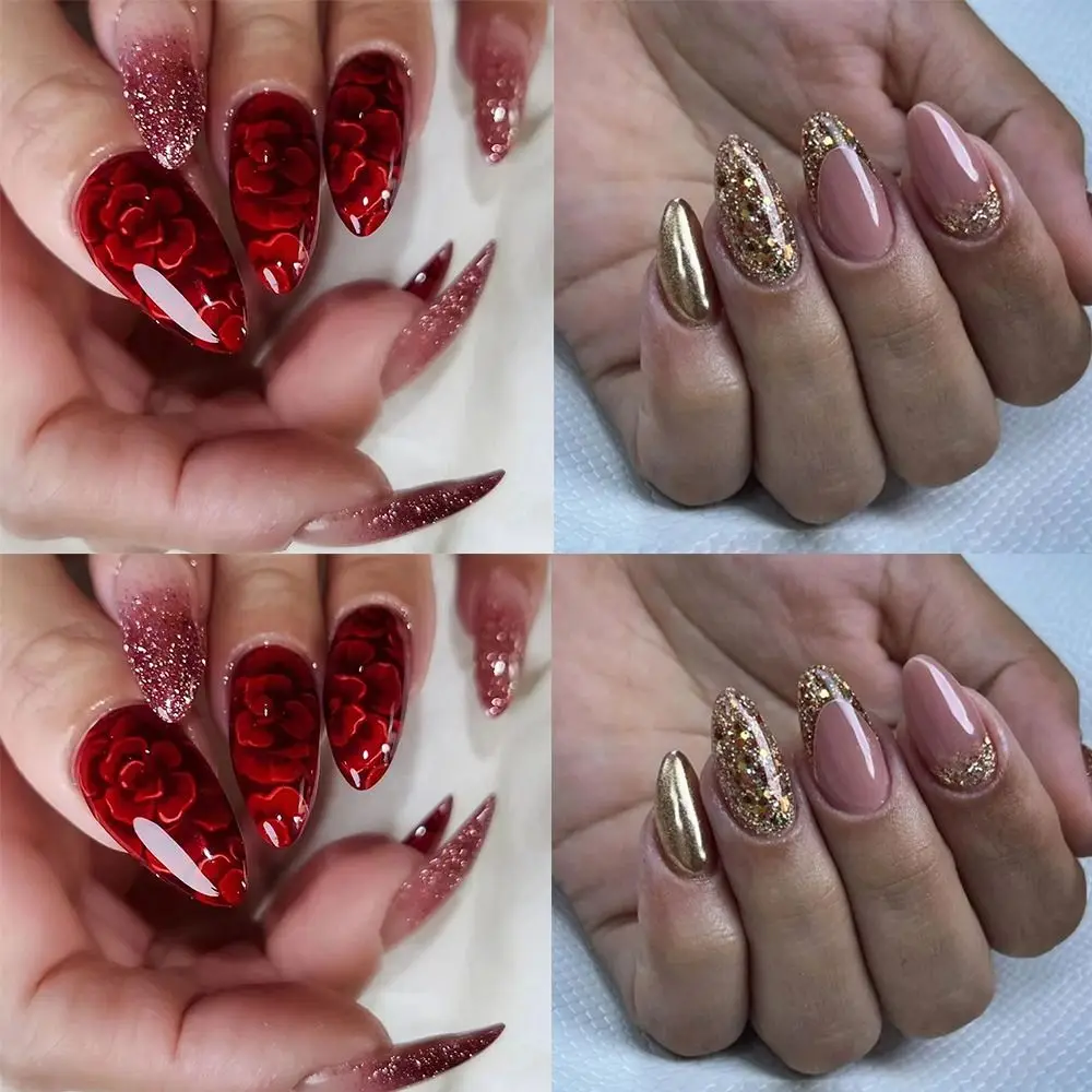 Manicure Long Almond False Nails French Glitter Fake Nials Detachable Red Rose Press on Nails DIY