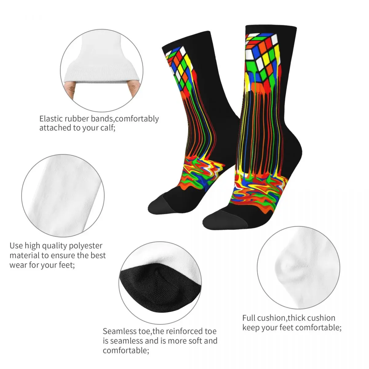 Harajuku Rainbow Abstraction Melted Cube Skateboard Socks Polyester Middle Tube Socks for Women Men Non-slip