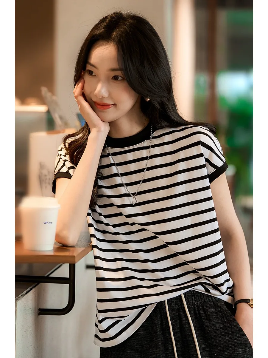 

Spring 2025 New Arrival Xhange Striped f-covered ort-sved T-irt Women's Casual Cotton Blend Comfortable Fit Top