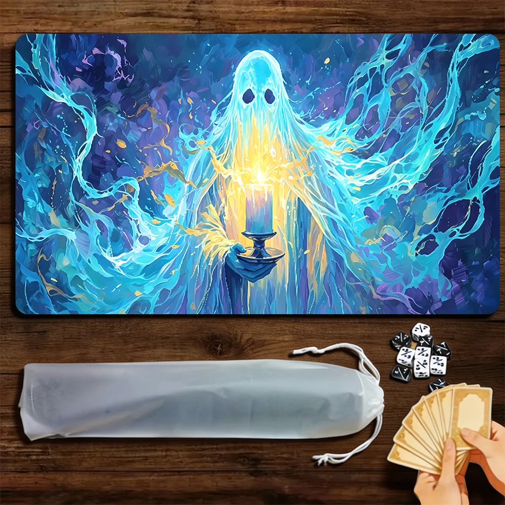 Mysterious Blue Ghost TCG Playmat Magic Playmat Gathering Gaming Mat with Stitched Edge Anti-slip base 60X35cm Trading Card Game