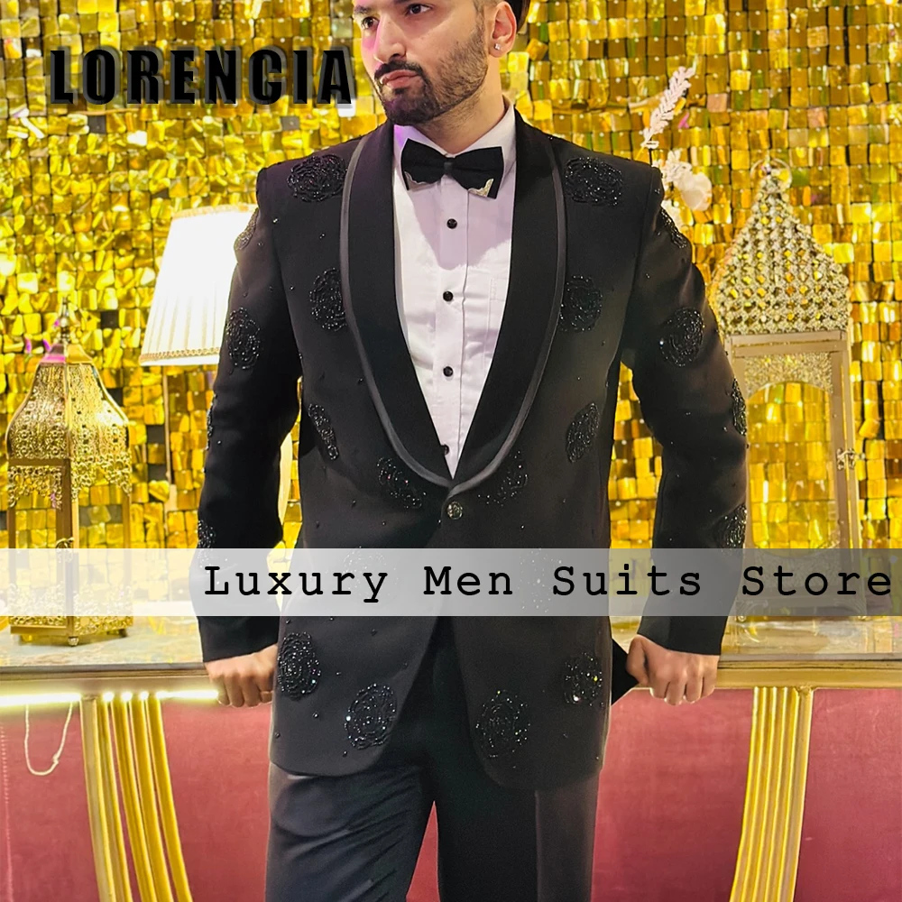 Elegant Crystal Men Suits 2 Pieces Single Breasted Wedding Groom Tuxedos Customized Blazer Pants ternos masculino completo