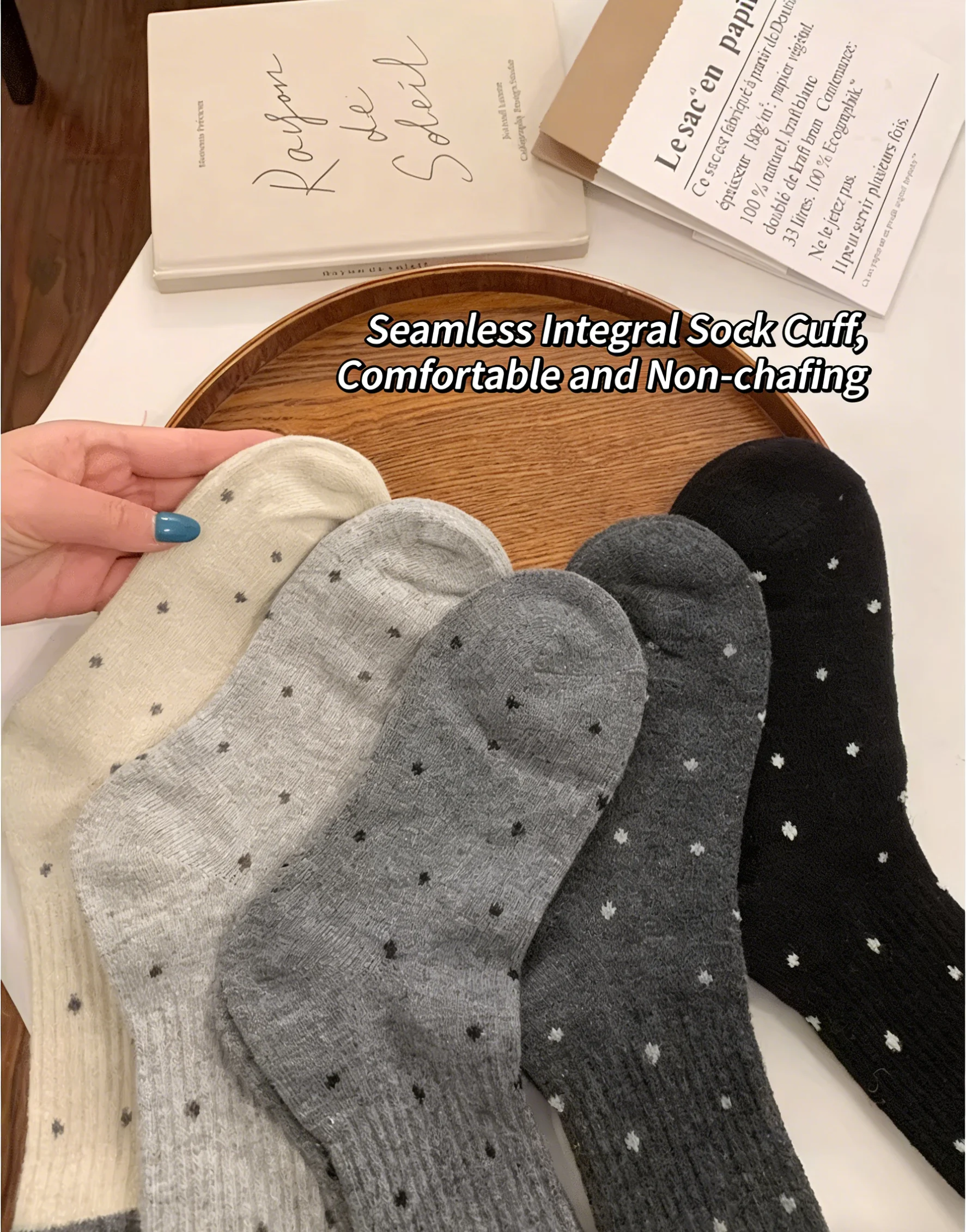 5 pairs Winter plush thick socks warm mid tube socks lace and polka dots fashionable and multifunctional long tube women's socks