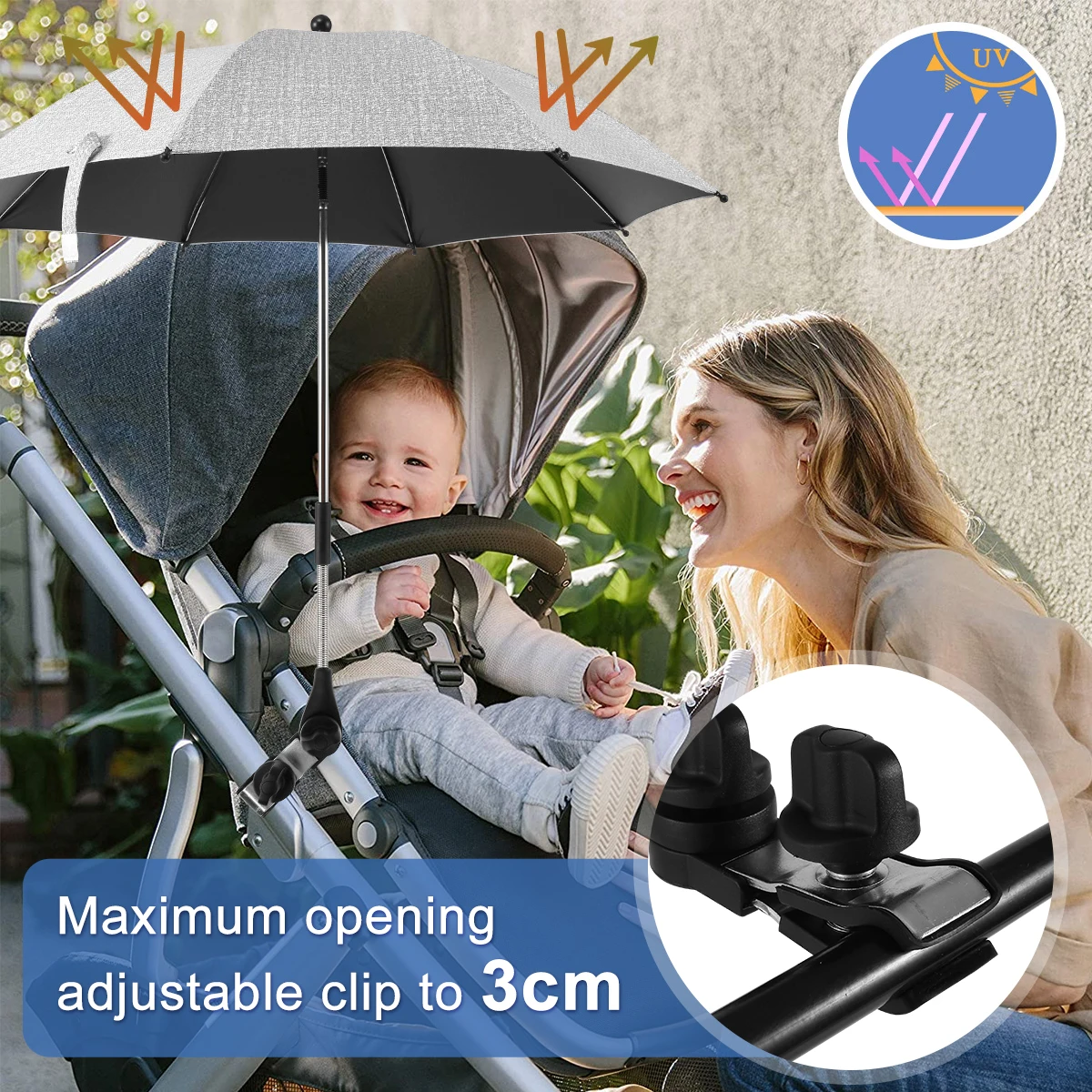 Universal Baby Car Pram Umbrella 360°UV Protection Pram Umbrella with Adjustable Clamp and Flexible Arm For Stroller Accessories