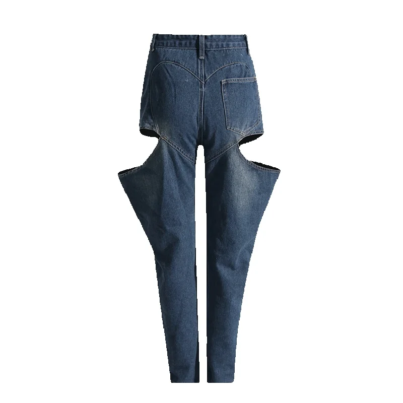 Jeans lavati 2024 primavera nuova moda Design personalizzato sensazione scava fuori pantaloni piedi Slim a vita alta per le donne