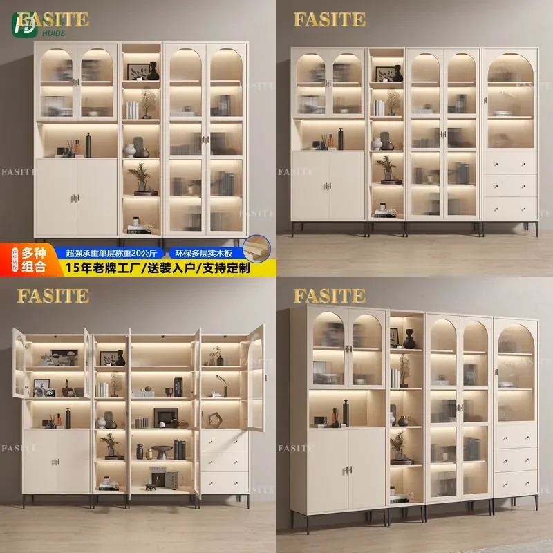 For Solid Wood Bookcase Wall Mounted Locker Dust-proof Glass Door Display Cabinet Office Light Luxury High-end Storage