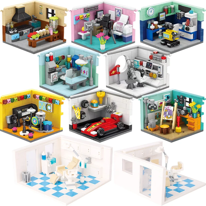 MOC Urban Street Scenery Building Block Characters Career Work Scenarios Doctor Scientist Figures Model Bricks Toys Kids Gifts