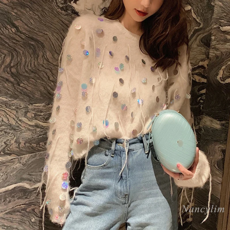 

Loose and Lazy Style Sequined Sweater Women's Autumn New Tassel Short Knitted Sweater Handmade Sequined Top Thin Pullovers 2024