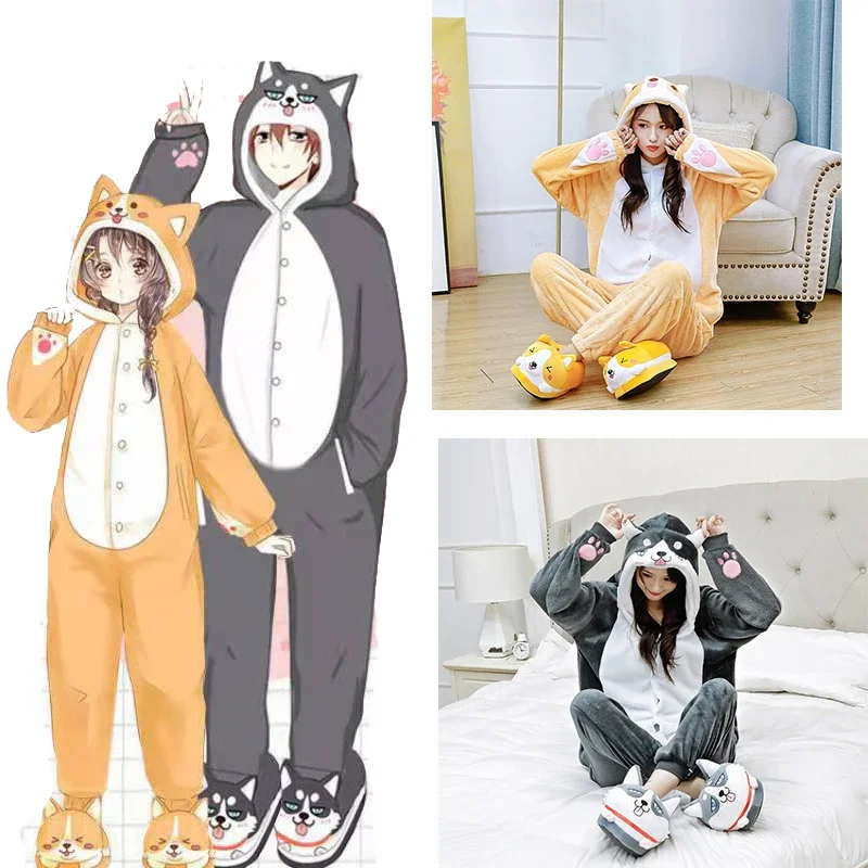 Funny Onesies Corgi Kigurumi Adults Husky Women Men Anime Pajama Flannel Cartoon Dog Cosplay Onsie Homewear One-Piece Jumpsuit