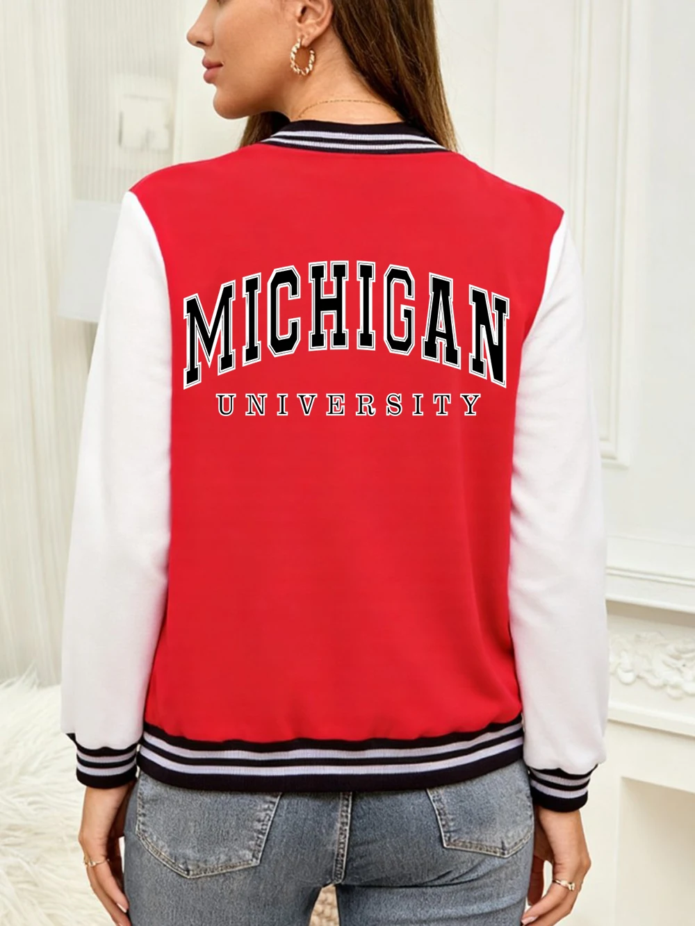 

Miahigan University Prints Baseball Coat Womens Comfortable Loose Jackets Winter Fleece Warm Tops Basics Casual Woman Clothes