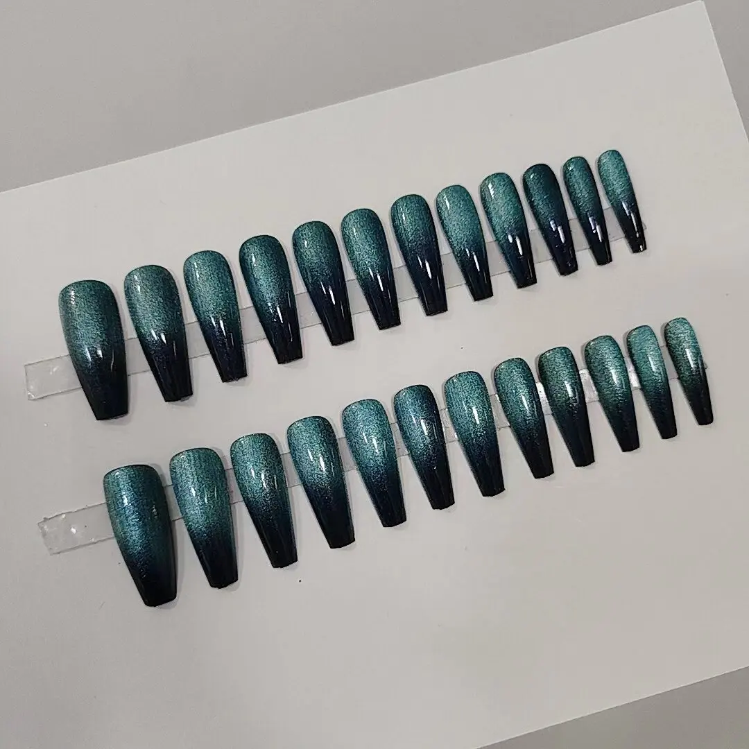 

Bla Blue Crystal adient 's Eye Long Trapezoidal k Sle 24pcs Fake Nails Tips Wearable Nail Art Tools Beau Supplies